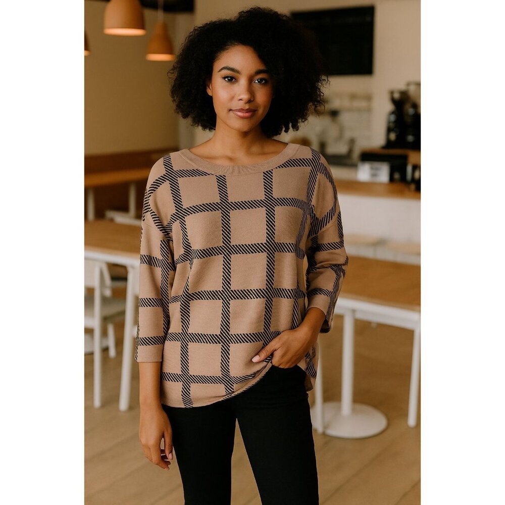 Cable & Gauge Sweater M Tan Black Geometric Dolman Sleeve Pullover Minimalist